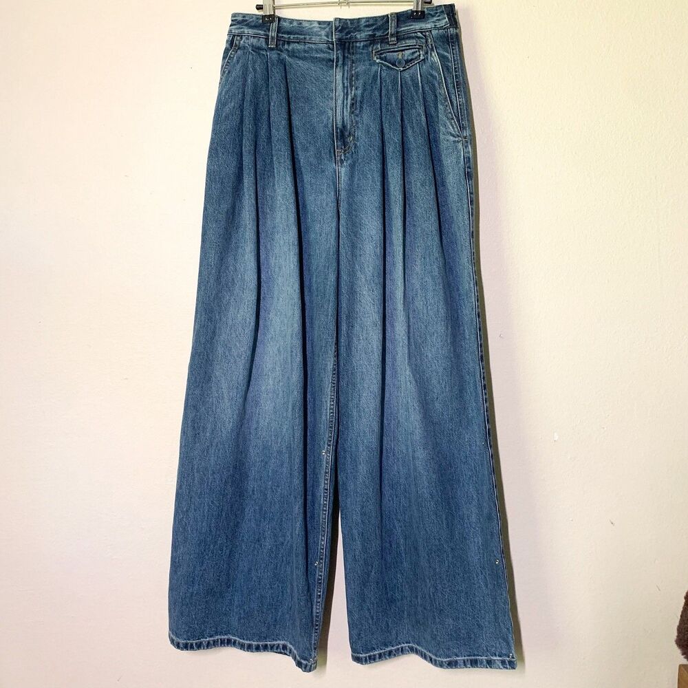 Tibi Spring Denim Triple Pleat Jean 27 Regular Blue Wide Leg Adjustable Cuff